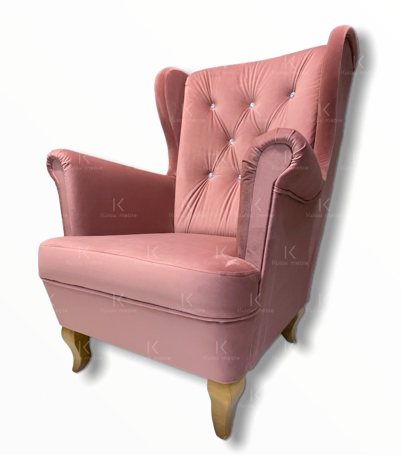 Bajkowy fotel uszak w kolorze brudny róż do pokoju dziewczynki z diamencikami.